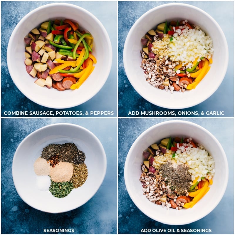 These delicious Foil Pack Italian Sausage and Veggies meals combine smoked sausage, sweet bell peppers, savory mushrooms, tender potatoes, minced garlic, and diced yellow onions with olive oil and an incredible Italian-inspired seasoning blend. No campfire or grill? No problem, these family-friendly foil packs can also be baked in the oven! Recipe via ChelseasMessyApron #dinner #quick #easy #simple #oven #grilled #camping #best #healthy #keto #peppers #foilpack #italian #sausage #veggies Process shots-- adding all the ingredients in a bowl and mixing it together