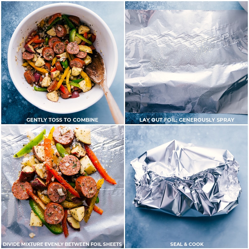 These delicious Foil Pack Italian Sausage and Veggies meals combine smoked sausage, sweet bell peppers, savory mushrooms, tender potatoes, minced garlic, and diced yellow onions with olive oil and an incredible Italian-inspired seasoning blend. Recipe via ChelseasMessyApron #dinner #quick #easy #simple #oven #grilled #camping #best #healthy #keto #whole #whole30 #peppers #foilpack #italian #sausage #veggies Process shots-- adding the mixture to the foil packs; sealed and ready to cook