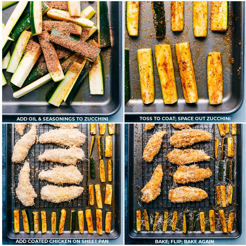 Sheet Pan Chicken and Zucchini roasting in the oven to crispy perfection.
