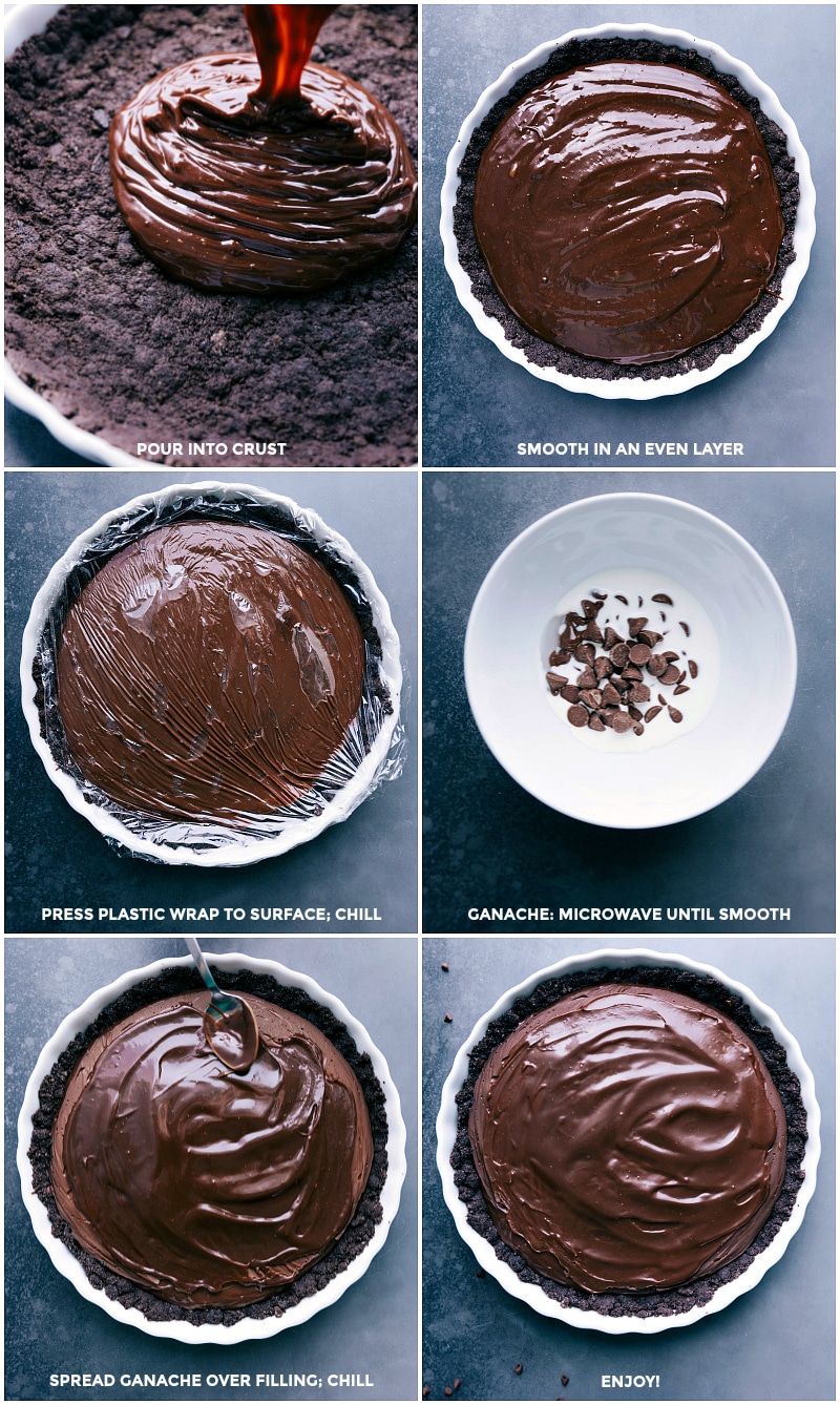 Making Chocolate Tart: Steps from Filling to Ganache and Enjoyment Pouring the filling into the crust, smoothing it into an even layer, pressing plastic wrap to the surface and chilling, microwaving cream and chocolate until smooth, spreading ganache over the filling, chilling again, and then the chocolate tart recipe is finished and ready to enjoy.