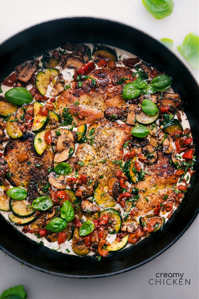 Our restaurant-quality Creamy Chicken features tender, seasoned chicken enveloped in a rich, creamy sauce, accompanied by vibrant, crisp-tender vegetables. We finish things off with a handful of fresh basil and a splash of lemon, resulting in a bright, summery vibe and a downright delicious meal! Recipe via chelseasmessyapron #dinner #quick #easy #simple #familyfriendly #kidfriendly #comfortfood #creamy #chicken Overhead image of the creamy chicken