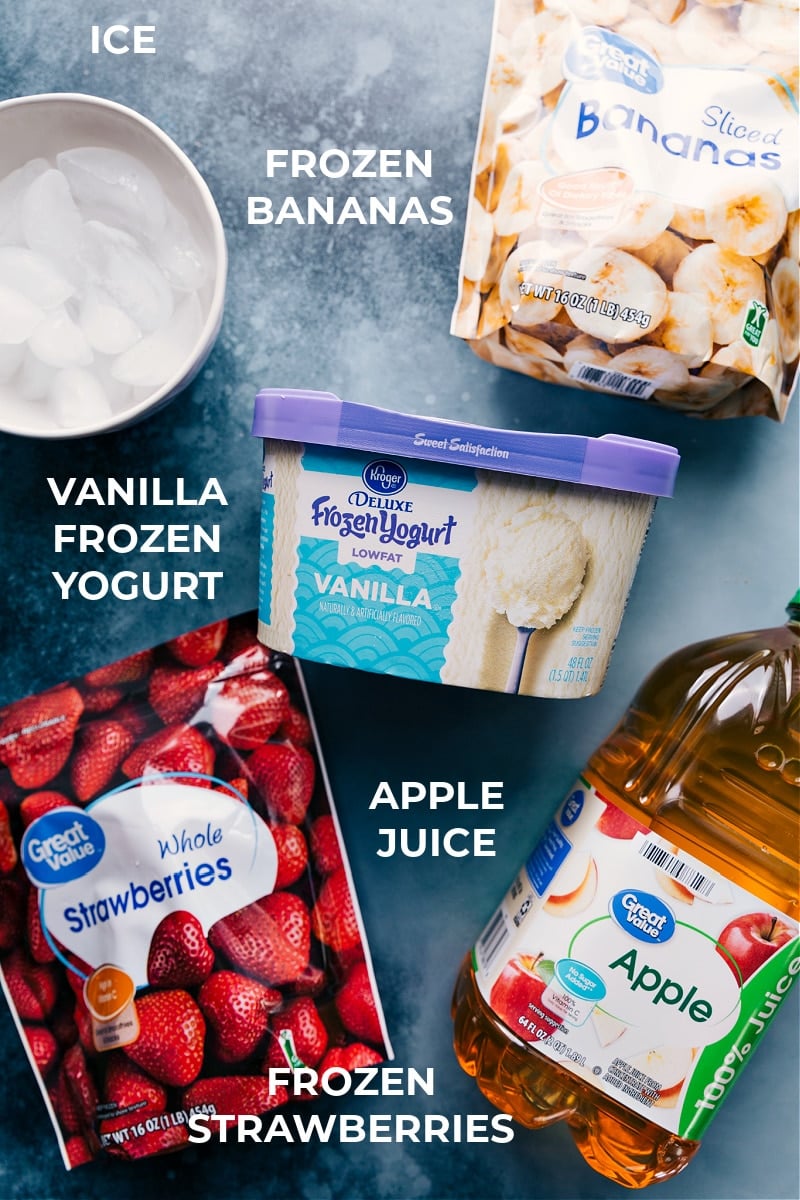 Jamba Juice® Strawberry Wild is made with apple juice, frozen fruit, ice, and some frozen vanilla yogurt. Recipe via ChelseasMessyApron #breakfast #quick #easy #simple #best #healthy #dessert #ice #jambajuice #strawberry #wild #smoothie Ingredients in the Jamba Juice Strawberry Wild smoothie.