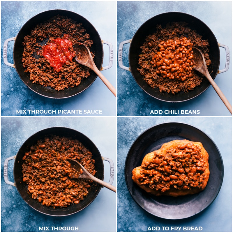 Our family's favorite Navajo Tacos start with the absolute best homemade Fry Bread! The bread is topped with a deliciously seasoned beef and bean mixture and then topped with all your favorite taco toppings like cheese, lettuce, tomatoes, and sour cream. Recipe via ChelseasMessyApron #dinner #quick #easy #simple #best #avocado #toppings #familyfriendly #kidfriendly #frybread #navajo #tacos Process shots-- images of the chili beans and picante sauce being added to the meat and then added to the fry bread