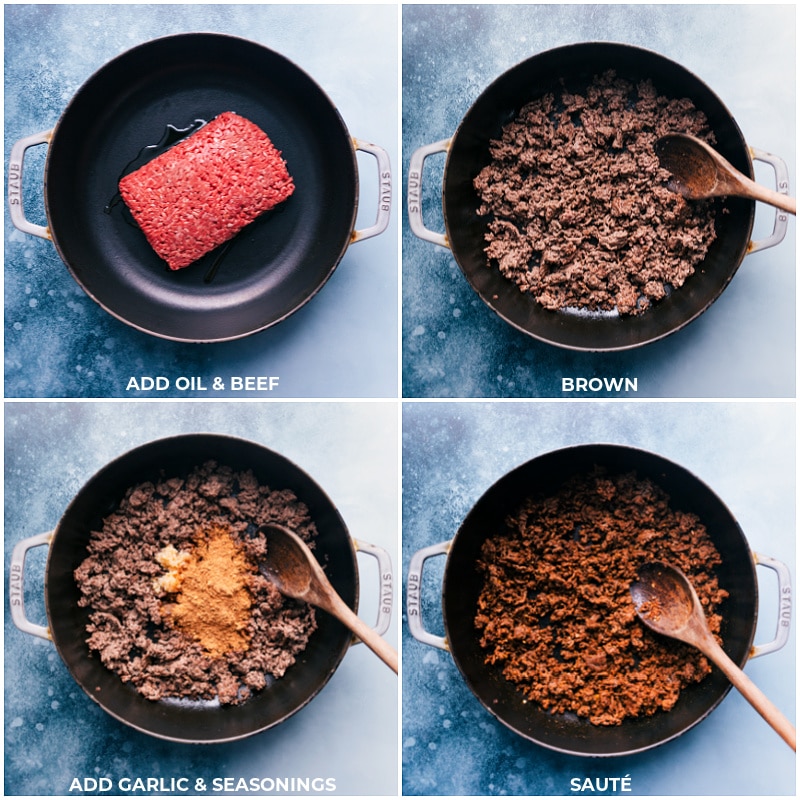 Navajo Tacos! The bread is topped with a deliciously seasoned beef and bean mixture and then topped with all your favorite taco toppings like cheese, lettuce, tomatoes, and sour cream. Recipe via ChelseasMessyApron #dinner #quick #easy #simple #best #avocado #toppings #familyfriendly #kidfriendly #frybread #navajo #tacos Process shots of Navajo Tacos-- images of the meat being browned and the garlic and seasonings being added