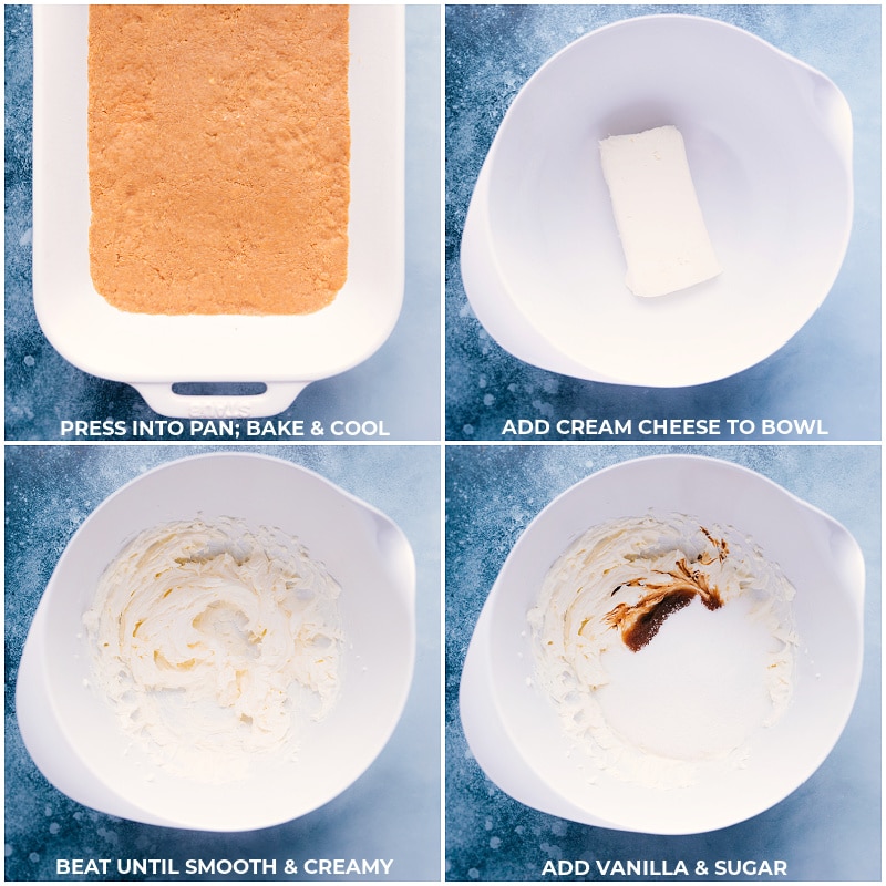 This delicious Raspberry Jello Dessert is our all-time favorite! A variation on the famous "strawberry pretzel salad", but with a thick graham cracker crust and raspberries instead. This is a simple-to-make and crowd-pleasing treat or addition to your holiday table. Recipe via ChelseasMessyApron #sidedish #treat #best #quick #easy #simple #creamcheese #grahamcracker #raspberry #jello #dessert Process shots Raspberry Jello Dessert-- images of the crust being pressed into the pan and then the cream cheese filling being beat together