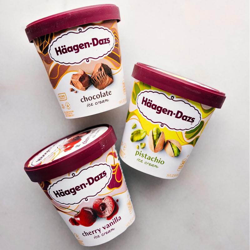 This Spumoni recipe using store-bought ice cream in cherry, chocolate (or vanilla), and pistachio flavors. The combination of these three flavors is unbelievably good! The ice creams are alternately layered in a lined bread loaf pan, creating a vibrant and flavorful dessert. To serve, the Spumoni is sliced into bars, offering a wonderful blend of flavors in every bite. This recipe is a quick, easy dessert option, perfect for impressing guests or for a fun family treat. Recipe via chelseasmessyapron #dessert #best #quick #easy #simple #frozen #nobake #icecream #treat #Neapolitan #summerdessert #spumoni Ingredient shot-- image of the ice cream used in this dish