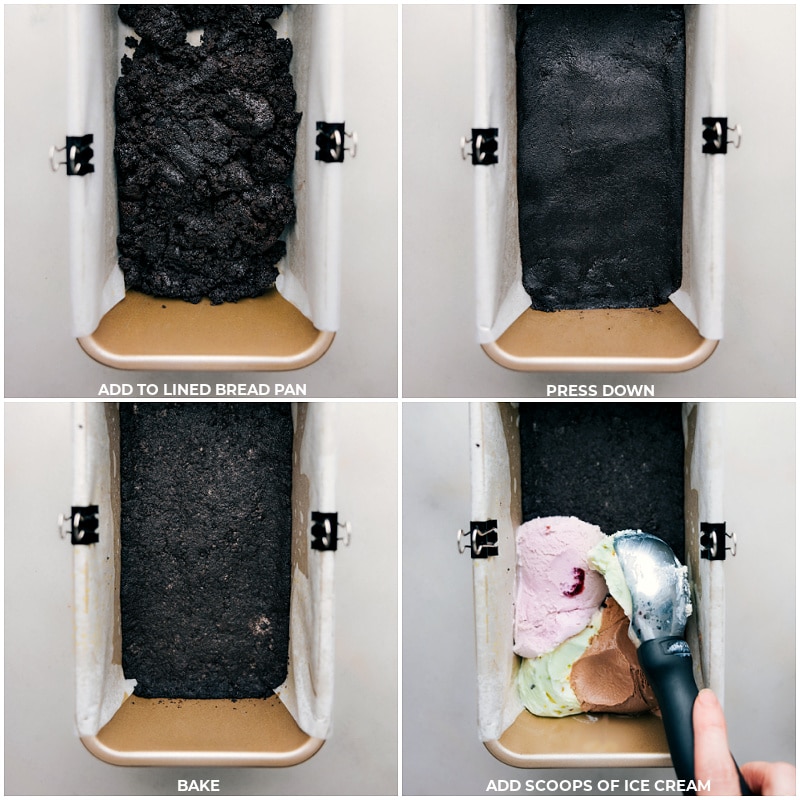 This is a simplified Spumoni recipe using store-bought ice cream in cherry, chocolate (or vanilla), and pistachio flavors. The combination of these three flavors is unbelievably good! The ice creams are alternately layered in a lined bread loaf pan, creating a vibrant and flavorful dessert. This recipe is a quick, easy dessert option, perfect for impressing guests or for a fun family treat. Recipe via chelseasmessyapron #dessert #best #quick #easy #simple #frozen #nobake #icecream #treat #Neapolitan #summerdessert #spumoni Process shots-- images of the crust being layered into a cake pan and then the ice cream being layered in