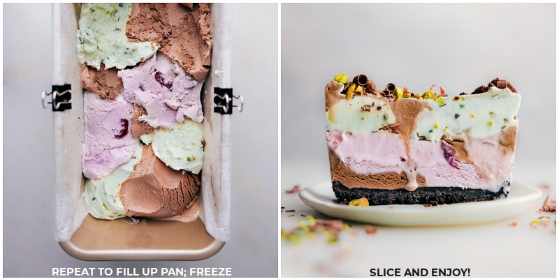 This is a simplified Spumoni recipe using store-bought ice cream in cherry, chocolate (or vanilla), and pistachio flavors. The combination of these three flavors is unbelievably good! The ice creams are alternately layered in a lined bread loaf pan, creating a vibrant and flavorful dessert. Recipe via chelseasmessyapron #dessert #best #quick #easy #simple #frozen #nobake #icecream #treat #Neapolitan #summerdessert #spumoni Process shots of Spumoni-- images of the pan being filled with ice cream
