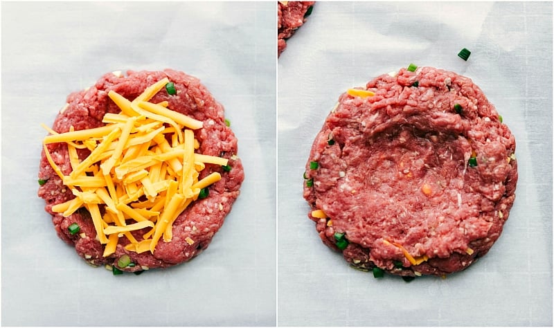 Forming Ground Meat into Cheese-Stuffed Patty Ground meat skillfully shaped into a round patty with cheese in the middle.