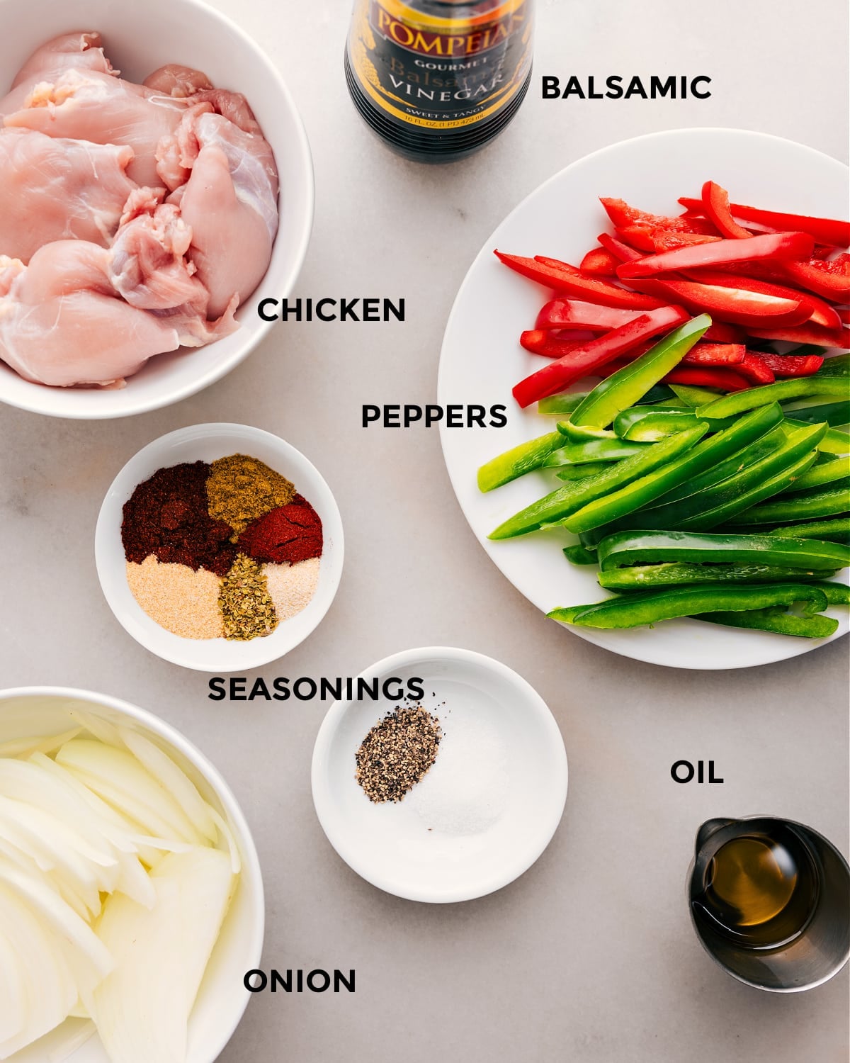 Ingredients In Chicken Fajita Bowl Prep all the ingredients in this recipe for easy assembly, including the meat, peppers, seasonings, balsamic, oil, and onions.