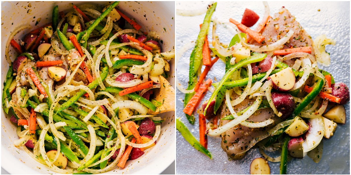 All the ingredients tossed together in a big bowl to season and oil them and then the mixture placed on a foil for this foil pack Italian chicken and veggies.