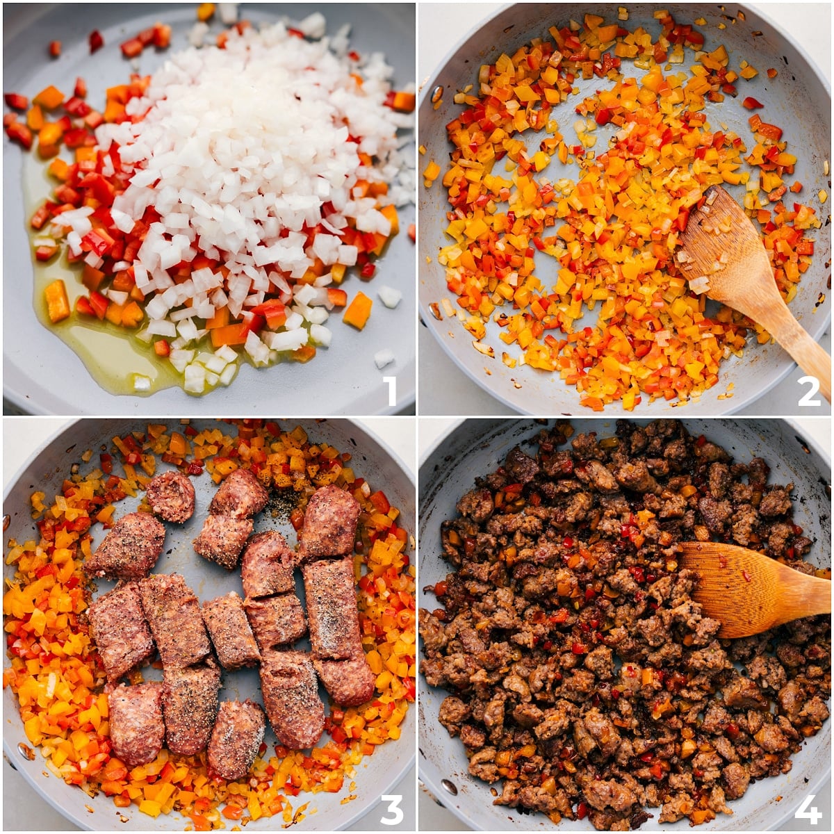 How To Make Italian Sausage Sandwiches The veggies being sautรฉed and the sausage being browned through for these Italian Sausage Sandwiches.