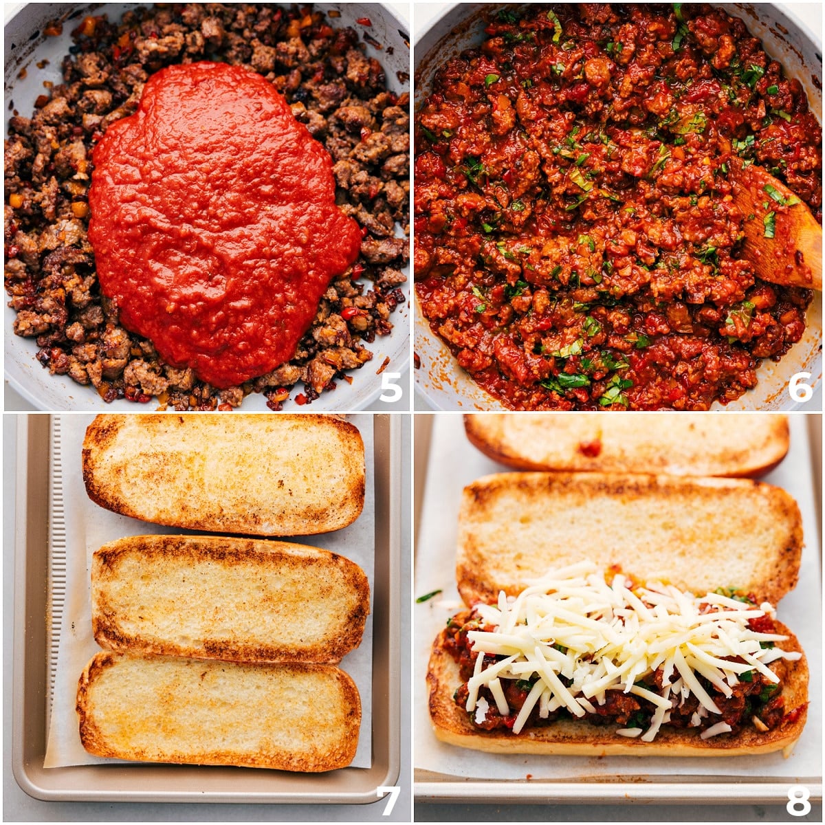 Making The Best Italian Sausage Subs Marinara sauce being mixed together with the browned sausage and it all being layered into a toasted bun.