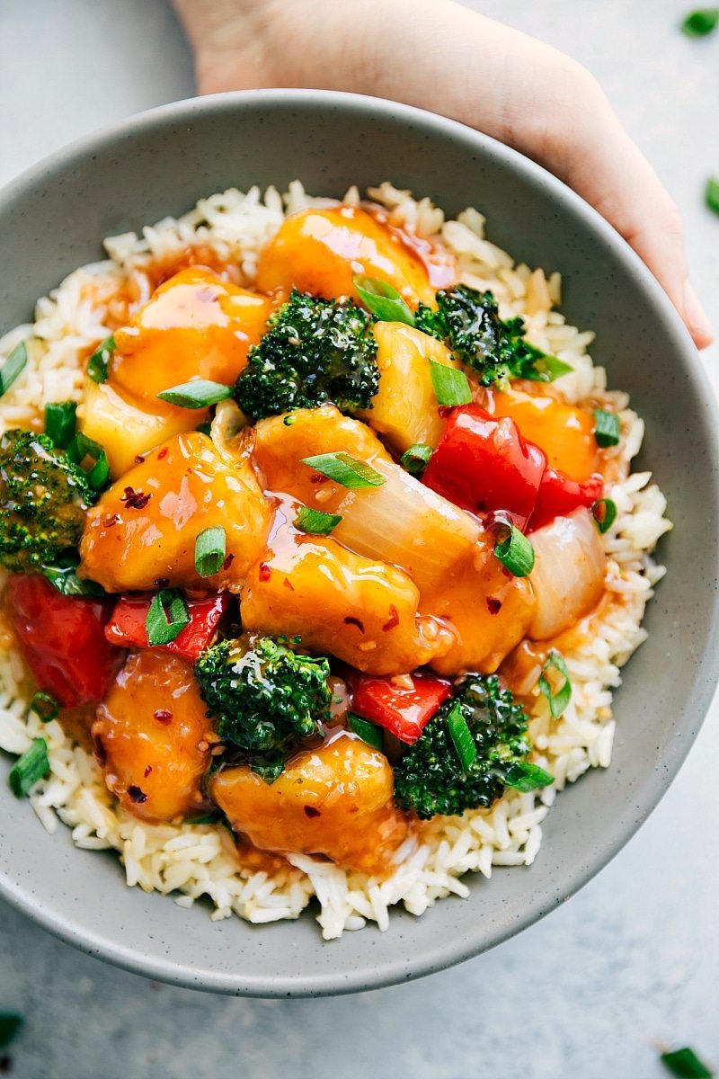 Sweet and Sour Chicken brings the restaurant favorite to your dinner table! Overhead view of Sweet and Sour Chicken