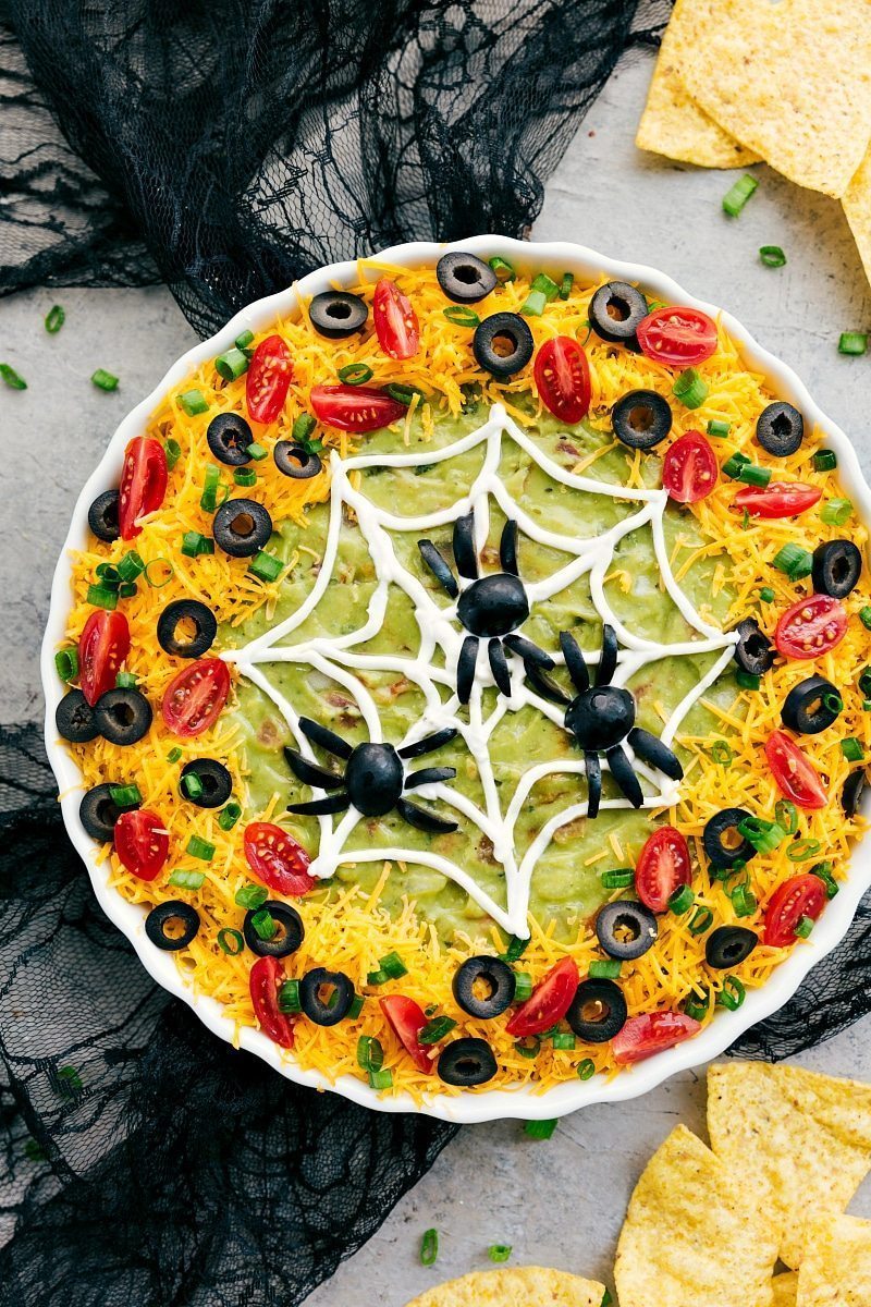 Spider Web: Four easy, & creative Halloween appetizer ideas that are so delicious -- Spider Web 7-Layer Dip, Walking Dead Mummy Dogs, Monster Meatball Sliders, & Cheesy Monster Fingernail Bread. chelseasmessyapron.com #halloween #appetizers #spiderweb #spooky #dip #seven #layer #olives #guacamole Image of the spider web that goes along with these easy halloween appetizers