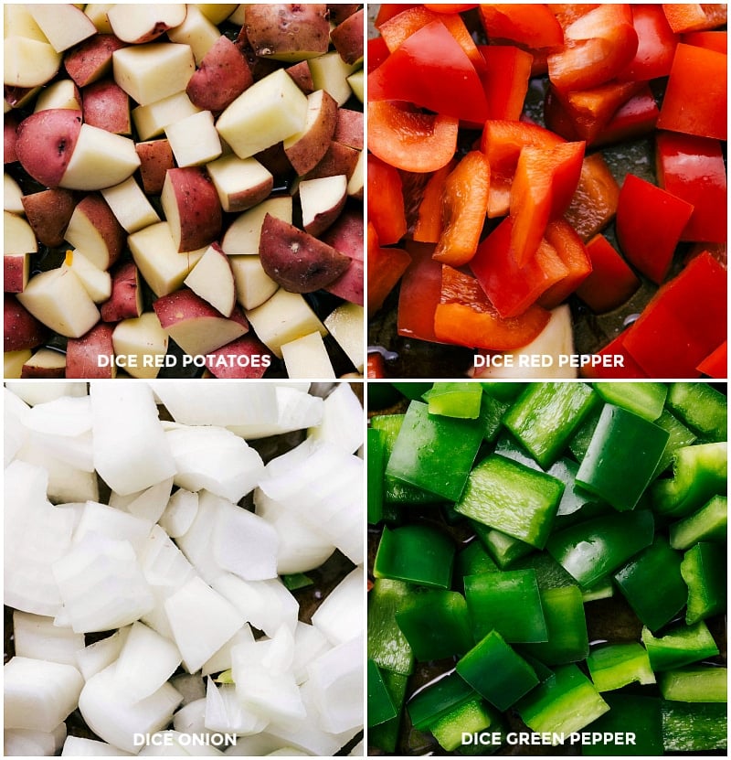 Chopping The Potatoes, Onions, And Peppers All the veggies being chopped up to even size.
