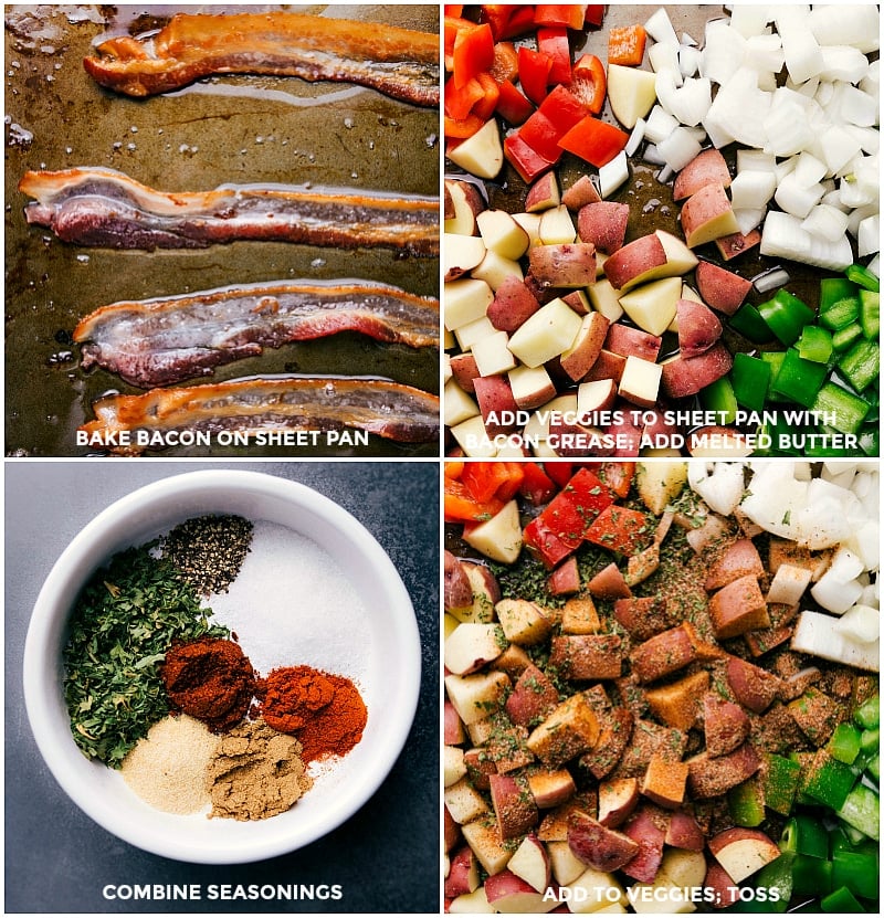 How To Make This One Pan Potatoes And Bacon Recipe Bacon being baked and then the veggies being seasoned and roasted for this potatoes and bacon recipe.