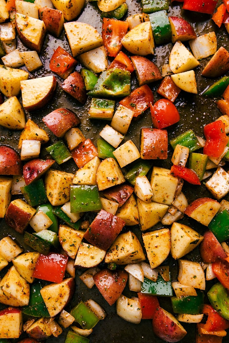 The Perfect Start To Your Day: One Pan Potatoes And Bacon One pan potatoes and bacon fresh out of the oven ready to be enjoyed.