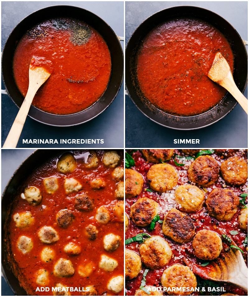 Cooking Parmesan Chicken Meatballs in Marinara Sauce Marinara sauce being made, with parmesan chicken meatballs being added and cooked in it.