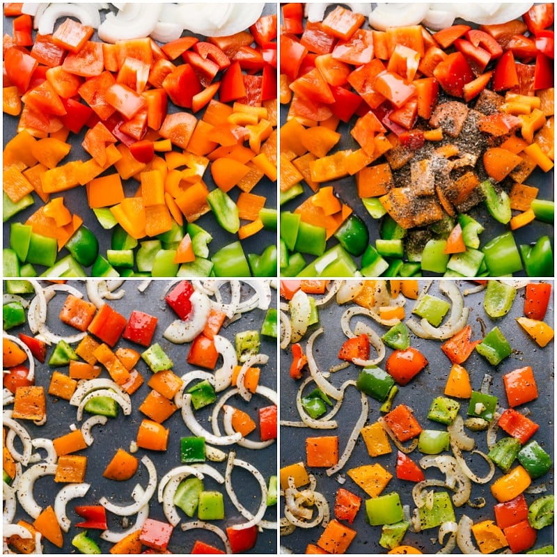 This Pesto Ravioli combines perfectly caramelized roasted veggies with tender cheese-filled ravioli and loads of fresh basil pesto. Top each bowl with a drizzle of olive oil, lots of freshly grated Parmesan cheese, and another spoonful of pesto for an unforgettableย pasta dish! Recipe via ChelseasMessyApron #dinner #quick #easy #simple #roasted #veggies #onetray #tomatoes #pesto #ravioli Process shots--tossing the veggies with seasonings and olive oil