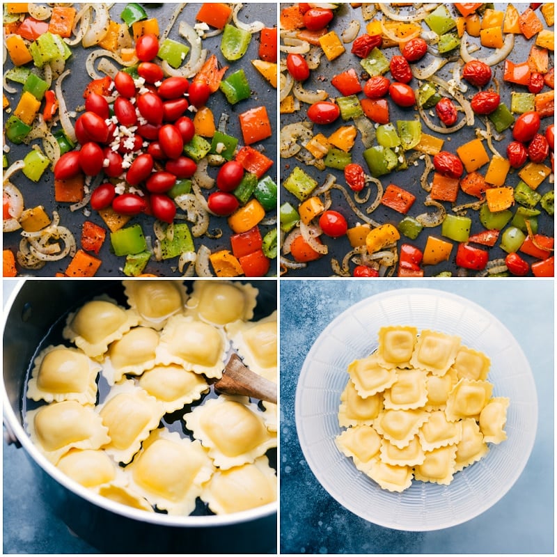 Pesto Ravioli! Top each bowl with a drizzle of olive oil, lots of freshly grated Parmesan cheese, and another spoonful of pesto for an unforgettableย pasta dish! Recipe via ChelseasMessyApron #dinner #quick #easy #simple #roasted #veggies #onetray #tomatoes #pesto #ravioli Process shots--tomatoes added to the roasted veggies; cooking ravioli; ravioli in a large bowl