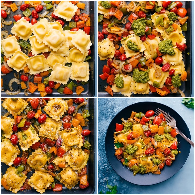 Pesto Ravioli combines perfectly caramelized roasted veggies with tender cheese-filled ravioli and loads of fresh basil pesto. Top each bowl with a drizzle of olive oil, lots of freshly grated Parmesan cheese, and another spoonful of pesto for an unforgettableย pasta dish! Recipe via ChelseasMessyApron #dinner #quick #easy #simple #roasted #veggies #onetray #tomatoes #pesto #ravioli Process shots: adding ravioli to the roasted veggies; adding dollops of pesto; mixing everything together; serving