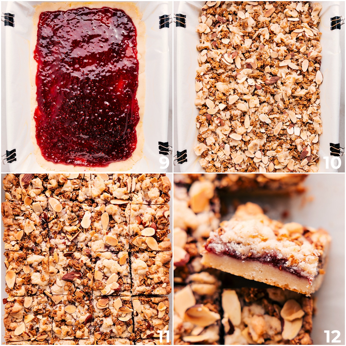 Quick And Easy Raspberry Bars Layering raspberry jam onto the half-baked base, adding the granola-almond dough on top, and baking until golden.