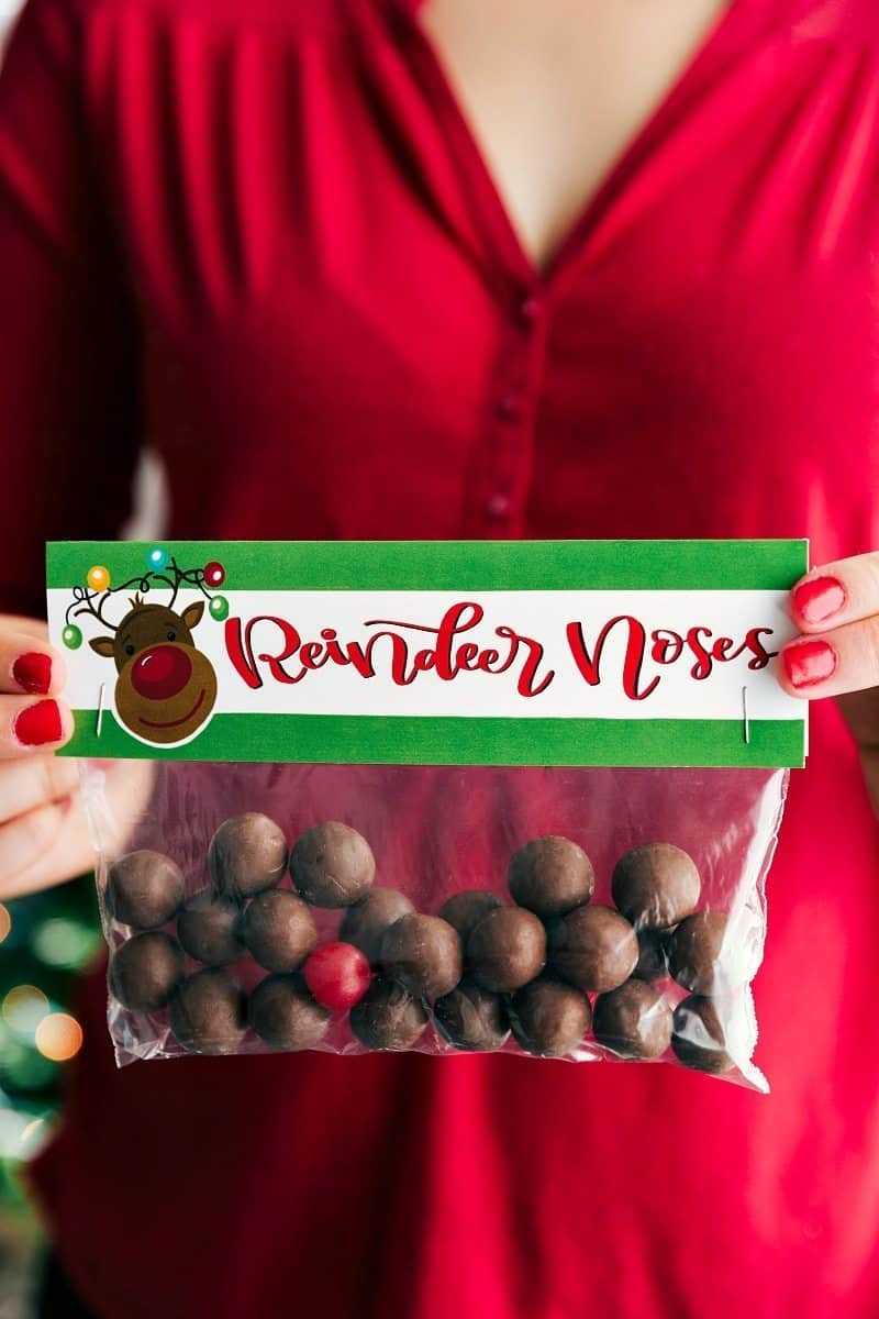 6 homemade and easy Christmas gifts! These candies/treats are put in a snack-size resealable bag and you can staple on the FREE printable bag toppers! Recipe via chelseasmessyapron #festive #holidays #simple #quick #treats #snacks #reindeer #mrsclaus #easy #christmas #gifts Image of the reindeer noses for easy Christmas gift labels