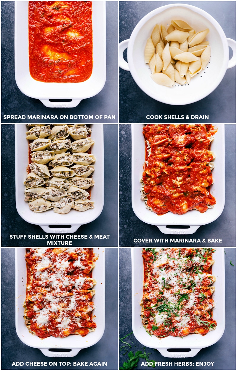 Preparing Stuffed Shells: Layering Marinara, Filling Pasta, Baking, and Garnishing with Herbs Spreading marinara sauce on the bottom of the pan, cooking and draining pasta, filling noodles with meat and cheese mixture, covering with more sauce and baking, then adding cheese and fresh herbs to serve.