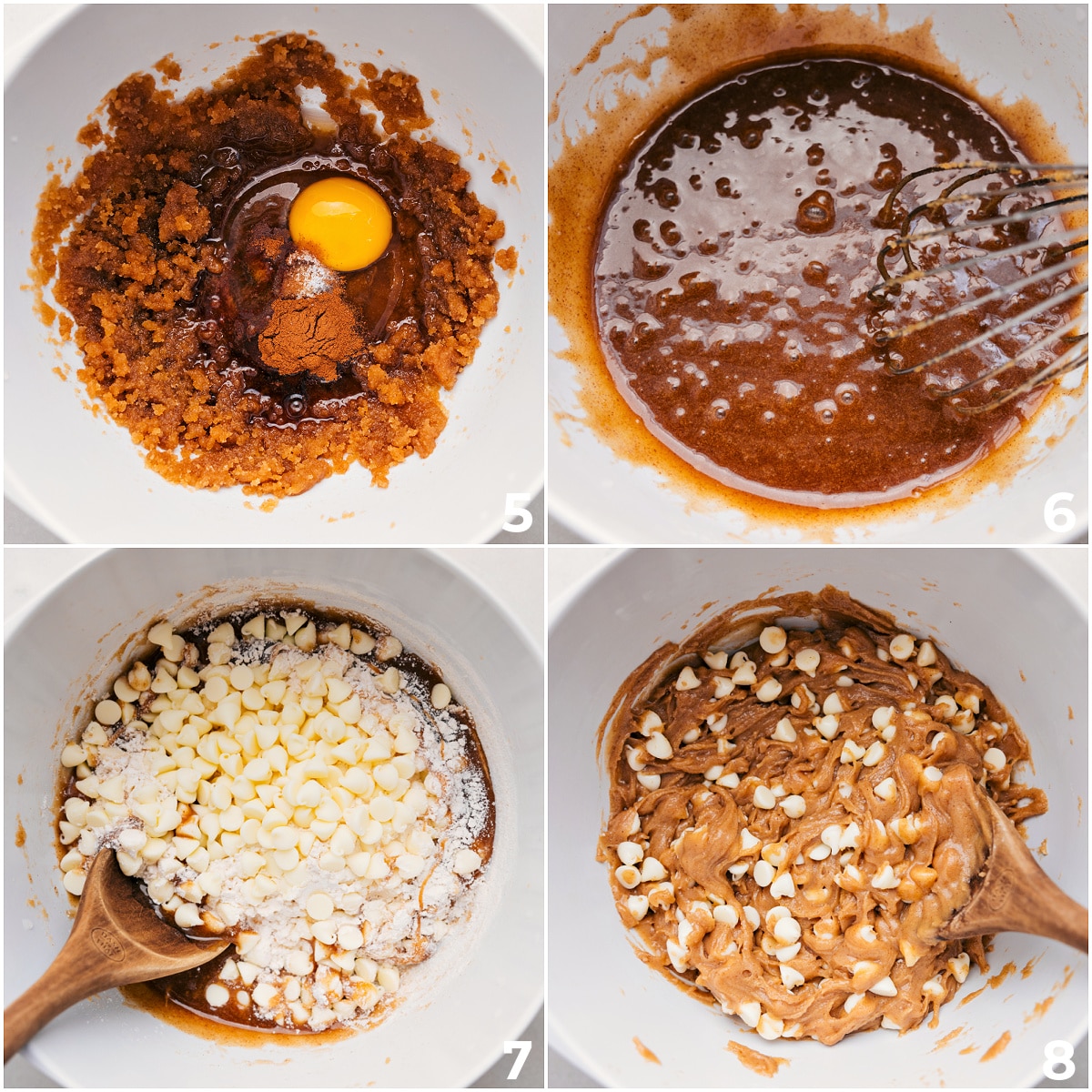 Combining All The Ingredients For Snickerdoodle Blondies Add the remaining ingredients to the bowl, including the spices, egg, flour, and chocolate chips, and mix everything together.