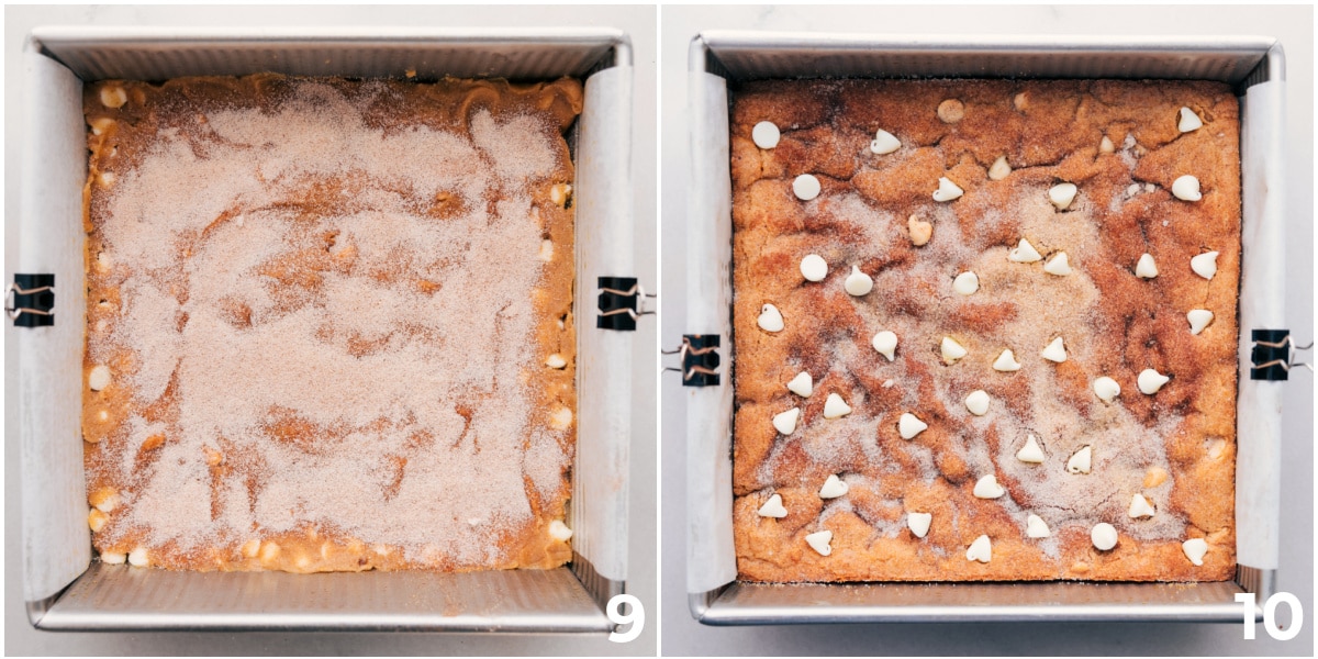 Sprinkling Snickerdoodle Blondies With Cinnamon Sugar The dessert being baked up and sprinkled with cinnamon sugar.