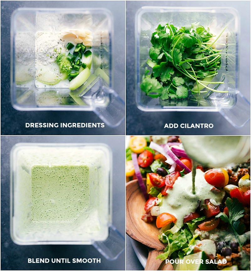 Creating Creamy Dressing: Ingredients Whirled in Blender for Salad Creamy salad dressing ingredients being blended to smooth perfection.