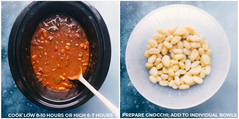 Crockpot Beef Stew With Gnocchi Gnocchi being added to the crockpot beef stew recipe.
