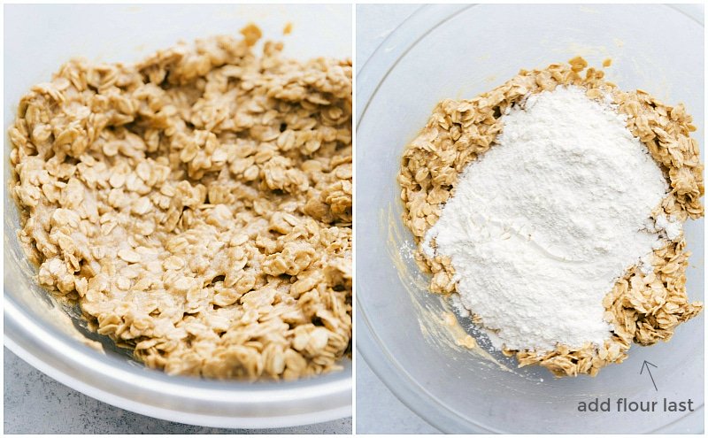 Soft, chewy, buttery, and best of all CHOCOLATEY: these Oatmeal Chocolate Chip Cookies are the absolute best! Plus tips to make these perfect every time! Process shot of wet ingredients finished and the flour being added.