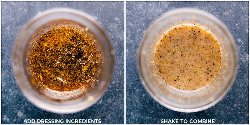 This Wild Rice Salad combines cooked and cooled wild rice with mixed greens, roasted sweet potatoes, pomegranate arils, creamy feta (or goat) cheese, and honey-roasted almonds. Recipe via chelseasmessyapron #lunch #quick #easy #simple #best #sidedish #vegetarian #healthy #thanksgiving #thanksgivingsalad #wildrice #salad Process shots-- images of the dressing being made in a mason jar