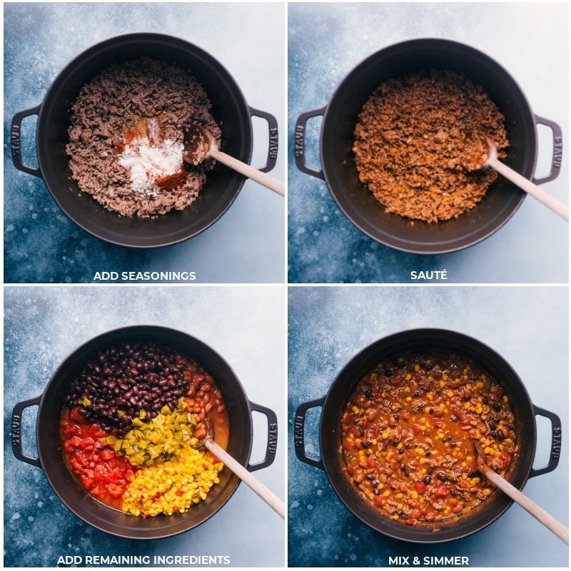 This ridiculously flavorful Taco Chili is better than any restaurant version and is so simple to make -- just empty a bunch of cans in a pot and simmer until you're ready to eat! Load each bowl with your favorite toppings like Cheddar cheese, sour cream, tortilla strips (or chips), fresh lime, and/or cilantro! This chili can be made on the stovetop, pressure cooker, or slow cooker. Recipe via ChelseasMessyApron #dinner #quick #easy #simple #best #corn #beans #healthy #clean #cleaneating #protein #familyfriendly #taco #chili Process shots of Taco Chili-- Adding seasonings to the pan, along with remaining ingredients and then simmering.