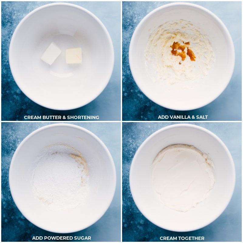 The best Almond Joy Cookies start with a brownie cookie base that gets loaded up with creamy coconut frosting, a roasted almond, and a drizzle of chocolate -- what's not to love?! Recipe via ChelseasMessyApron #dessert #best #quick #easy #simple #chocolate #frosting #almondjoy #thumbprint #cookies Process shots of the Almond Joy Cookies-- images of the frosting being whipped together