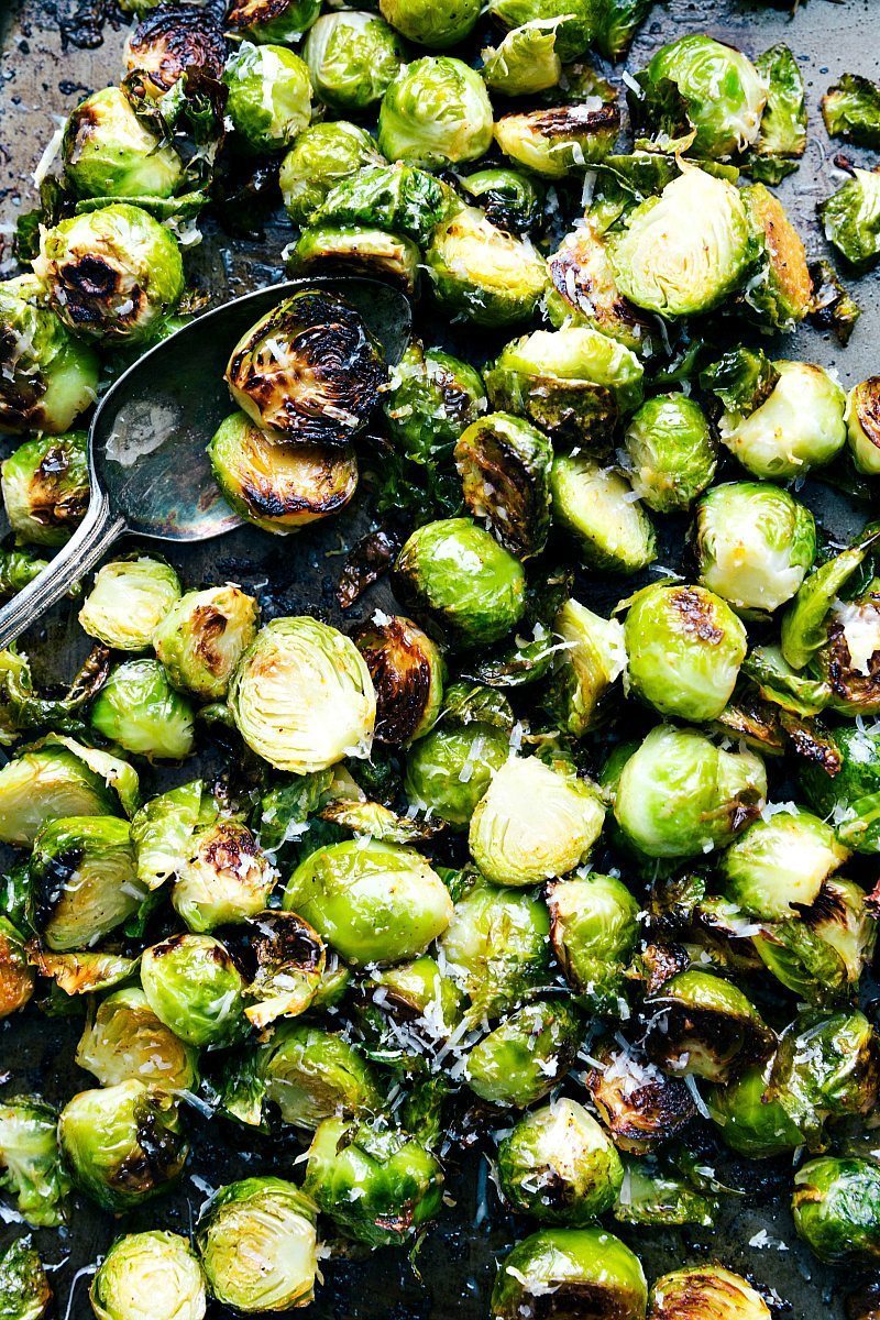 Thanksgiving Dinner Idea: Roasted Brussels Sprouts on Sheet Pan Roasted brussel sprouts on a sheet pan, a part of Thanksgiving dinner ideas.