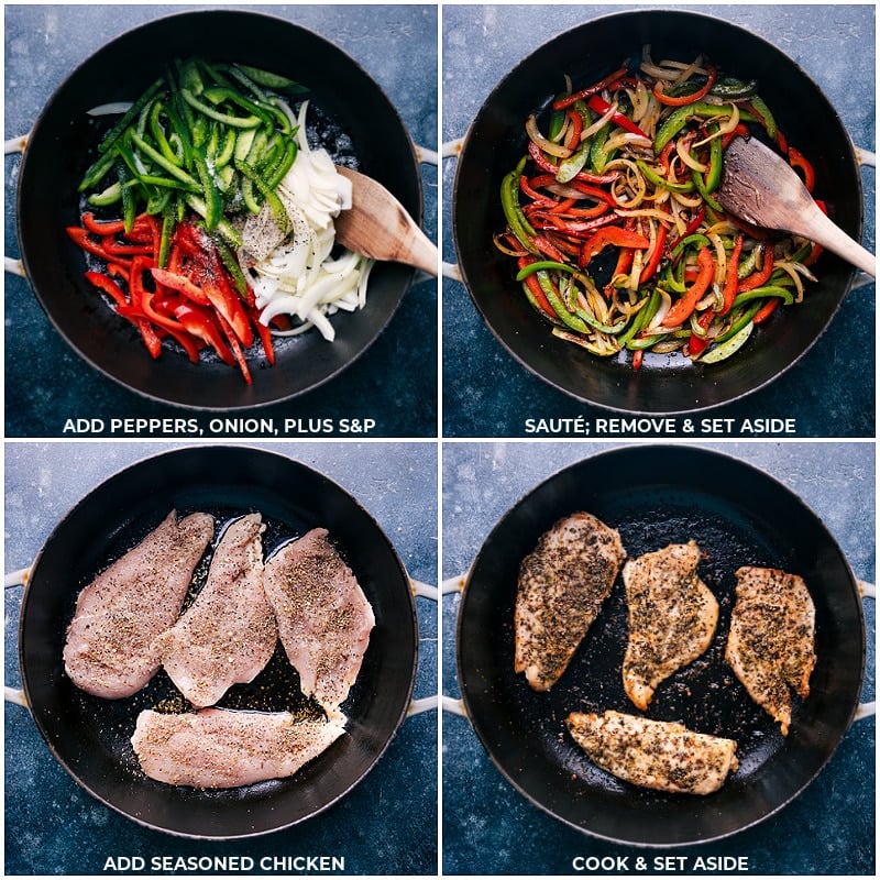 Creamy and cheesy Baked Ziti With Chicken is a deeply savory and totally indulgent meal the whole family will go crazy for! We're channeling the flavors of a good chicken cheesesteak into this gooey pasta dish by combining perfectly cooked pasta with sautรฉed peppers and onions, seasoned chicken, and plenty of melty Provolone cheese. Recipe via ChelseasMessyApron.com #chicken #cheesesteak #bakedziti #provolone #casserole #cheesy Add peppers, onions and salt and pepper; sautee and set aside; add seasoned chicken; cook and set aside for the Baked Ziti With Chicken.