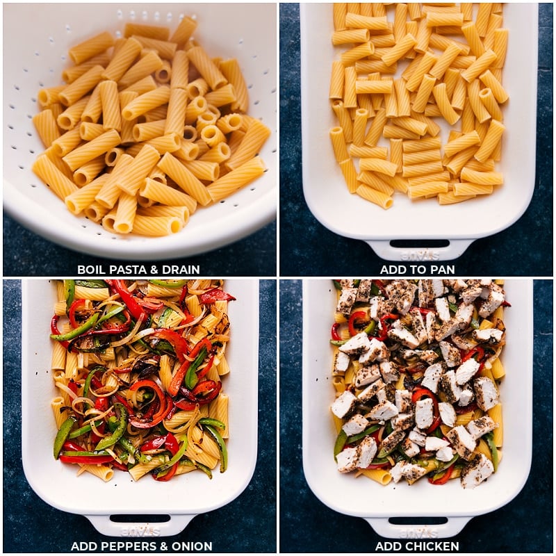 Creamy and cheesy Baked Ziti With Chicken is a deeply savory and totally indulgent meal the whole family will go crazy for! We're channeling the flavors of a good chicken cheesesteak into this gooey pasta dish by combining perfectly cooked pasta with sautรฉed peppers and onions, seasoned chicken, and plenty of melty Provolone cheese. Recipe via ChelseasMessyApron.com #chicken #cheesesteak #bakedziti #provolone #casserole #cheesy Process shots: boil and drain the pasta; add to the pan; add in the peppers and onion; add chicken