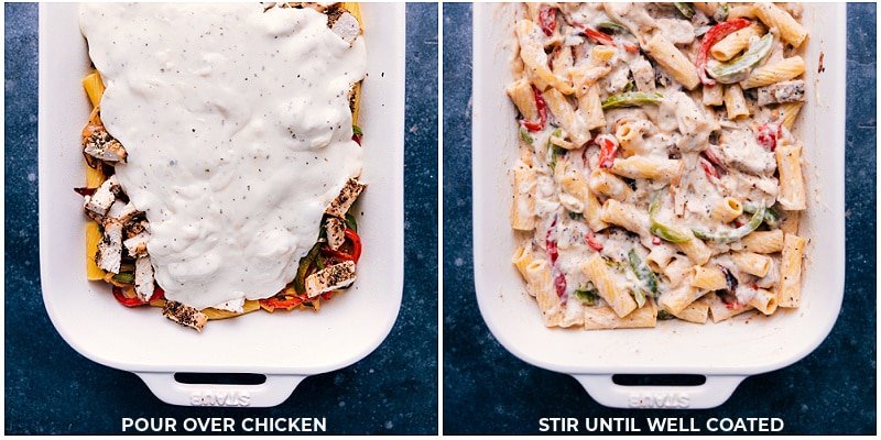 Creamy and cheesy Baked Ziti With Chicken is a deeply savory and totally indulgent meal the whole family will go crazy for! We're channeling the flavors of a good chicken cheesesteak into this gooey pasta dish by combining perfectly cooked pasta with sautรฉed peppers and onions, seasoned chicken, and plenty of melty Provolone cheese. Recipe via ChelseasMessyApron.com #chicken #cheesesteak #bakedziti #provolone #casserole #cheesy Process shots: Pour sauce over chicken; stir until well coated