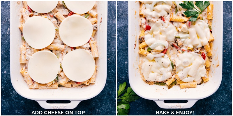 Creamy and cheesy Baked Ziti With Chicken is a deeply savory and totally indulgent meal the whole family will go crazy for! We're channeling the flavors of a good chicken cheesesteak into this gooey pasta dish by combining perfectly cooked pasta with sautรฉed peppers and onions, seasoned chicken, and plenty of melty Provolone cheese. Recipe via ChelseasMessyApron.com #chicken #cheesesteak #bakedziti #provolone #casserole #cheesy Process shots: Add cheese on top; bake and then serve