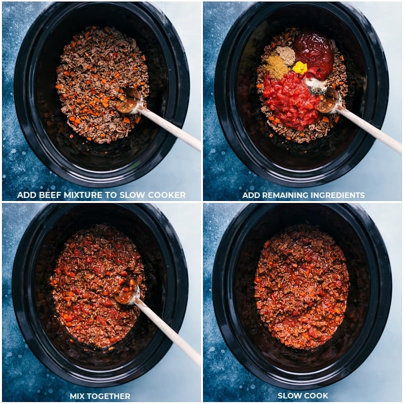 The slow cooker makes the meat filling ultra-tender and deeply flavorful. We load that savory and slightly sweet meat filling onto toasted brioche buns for a dinner people won't be able to stop raving about!ย These sandwiches are great to serve to a crowd and perfect for summer BBQs or game-day eating. Recipe via ChelseasMessyApron #dinner #quick #easy #simple #best #chips #bbq #lunch #summer #slowcooker #crockpot #sloppy #joes Process shots--adding beef mixture to the slow cooker; adding remaining ingredients; mixing all together; cooking until ready.