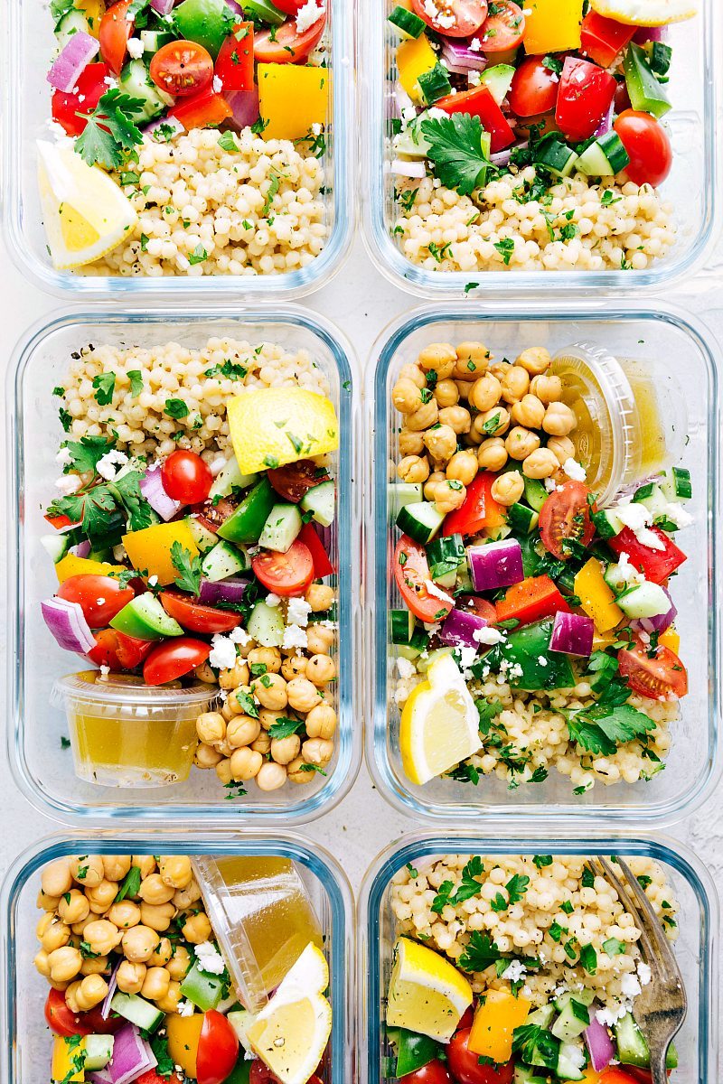 How To Make Greek Couscous Bowls 6 different meal prep containers of dinner for the next week with ideas on how to assemble it all.