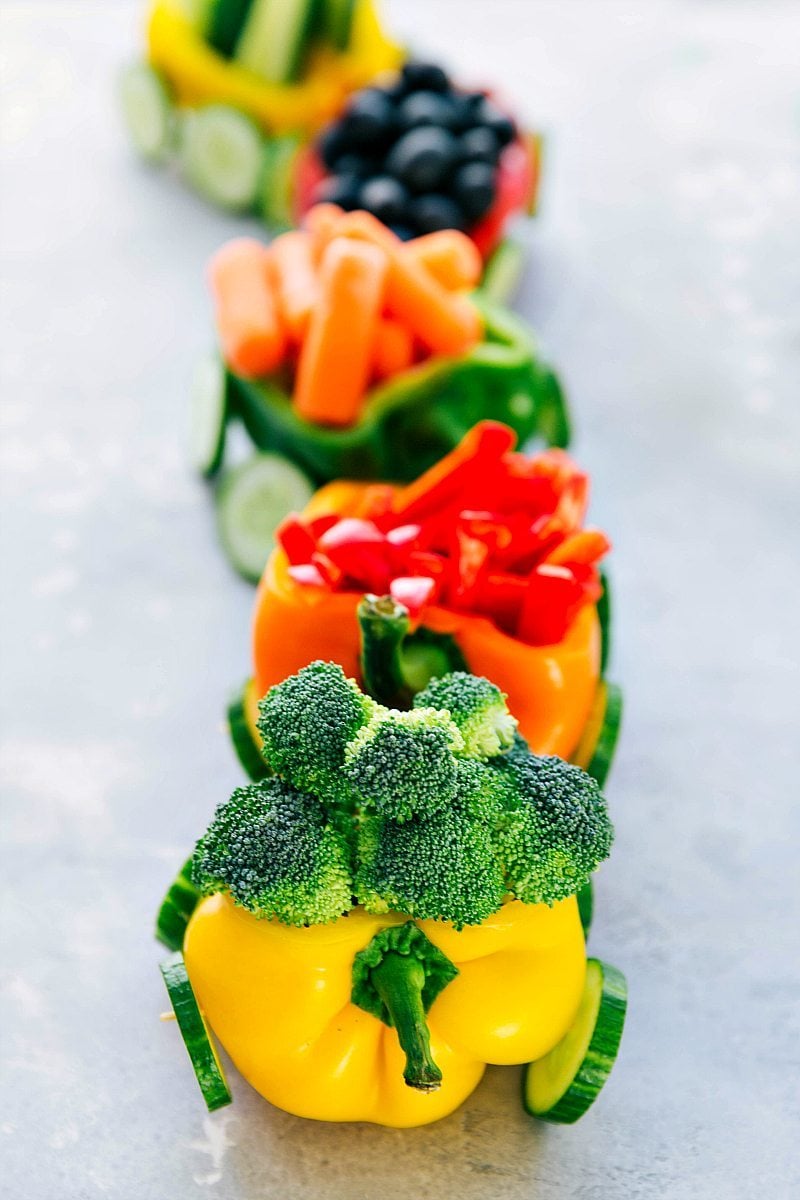 Veggie Train To Serve With Veggie Dip Vegetables arranged to look like a train make a fun veggie dip option for Christmas or birthday parties.