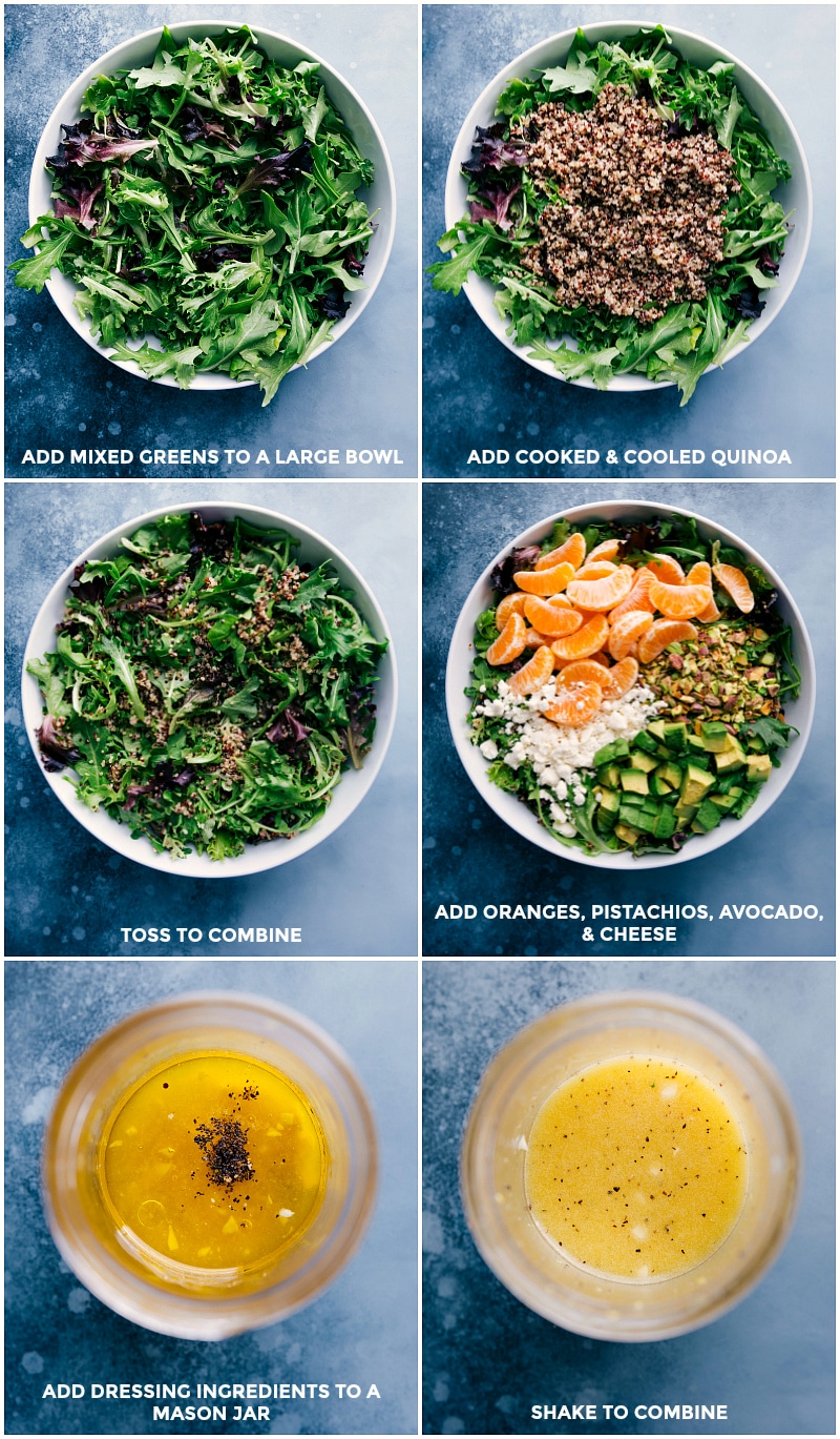 Nutritious, fresh, and flavorful Citrus Quinoa Salad overflows with clementine oranges, roasted pistachios, creamy avocado, and goat (or feta) cheese. This salad is drizzled with a tangy and sweet citrus vinaigrette. Recipe via chelseasmessyapron #healthy #detox #clean #whole #mixedgreens #nutrients #pistachio #citrus #quinoa #salad Process shots-- images of the mixed greens, quinoa, oranges, pistachios, avocado, and cheese being mixed together and dressing being made.