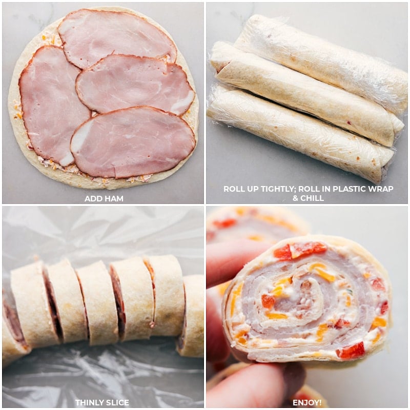 My Biggest Lunch Time Hack: Ham And Cheese Pinwheels The ham added into the spread tortilla and then it all rolled up and sliced to serve.
