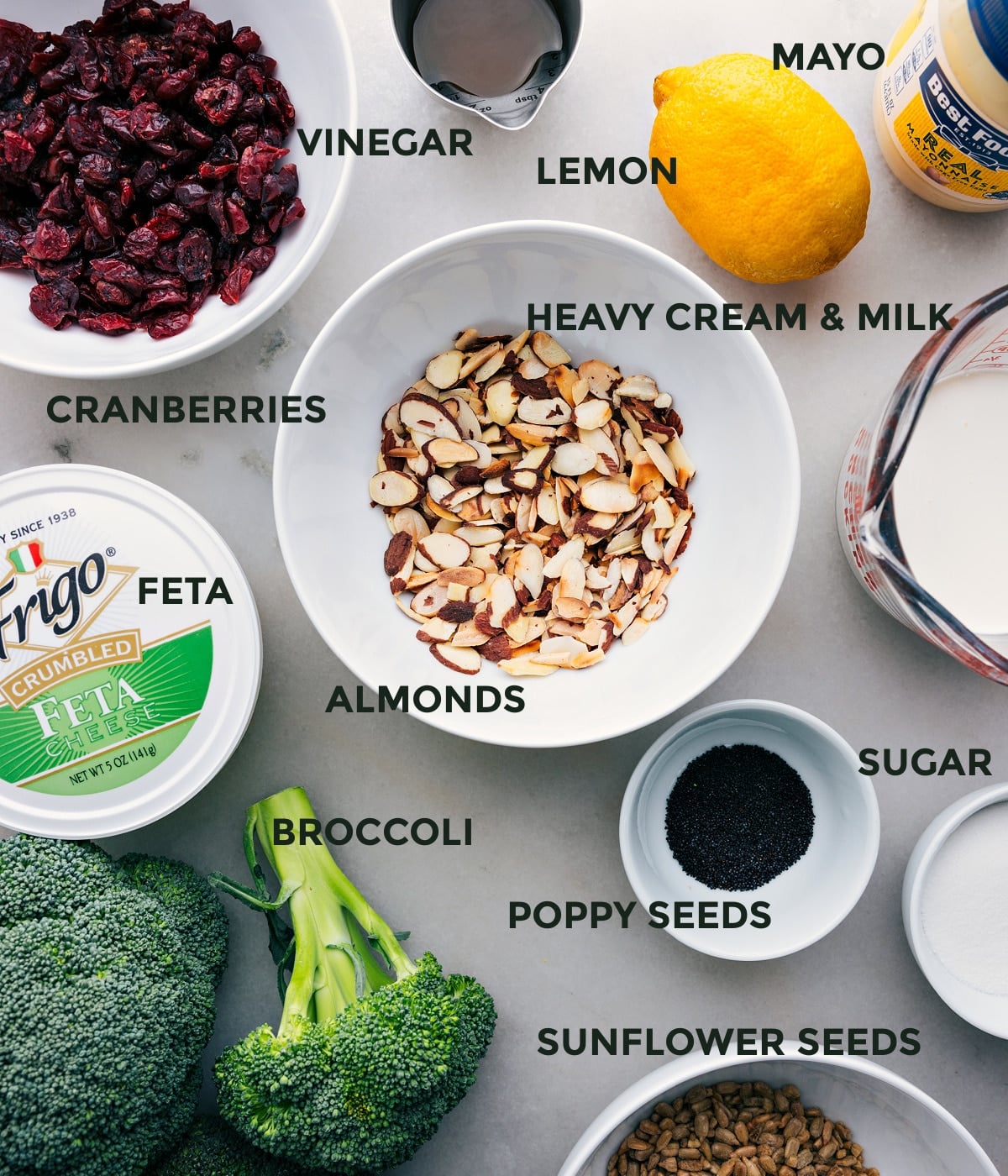 Ingredient In This Broccoli Salad Recipe Ingredients in this dish prepped out for easy assembly.