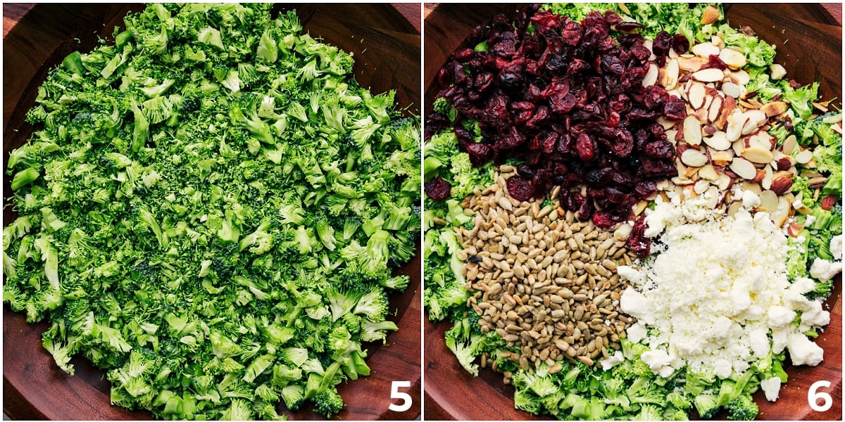 Making Lemon Poppy Seed Broccoli Salad All the ingredients being combined in a bowl.