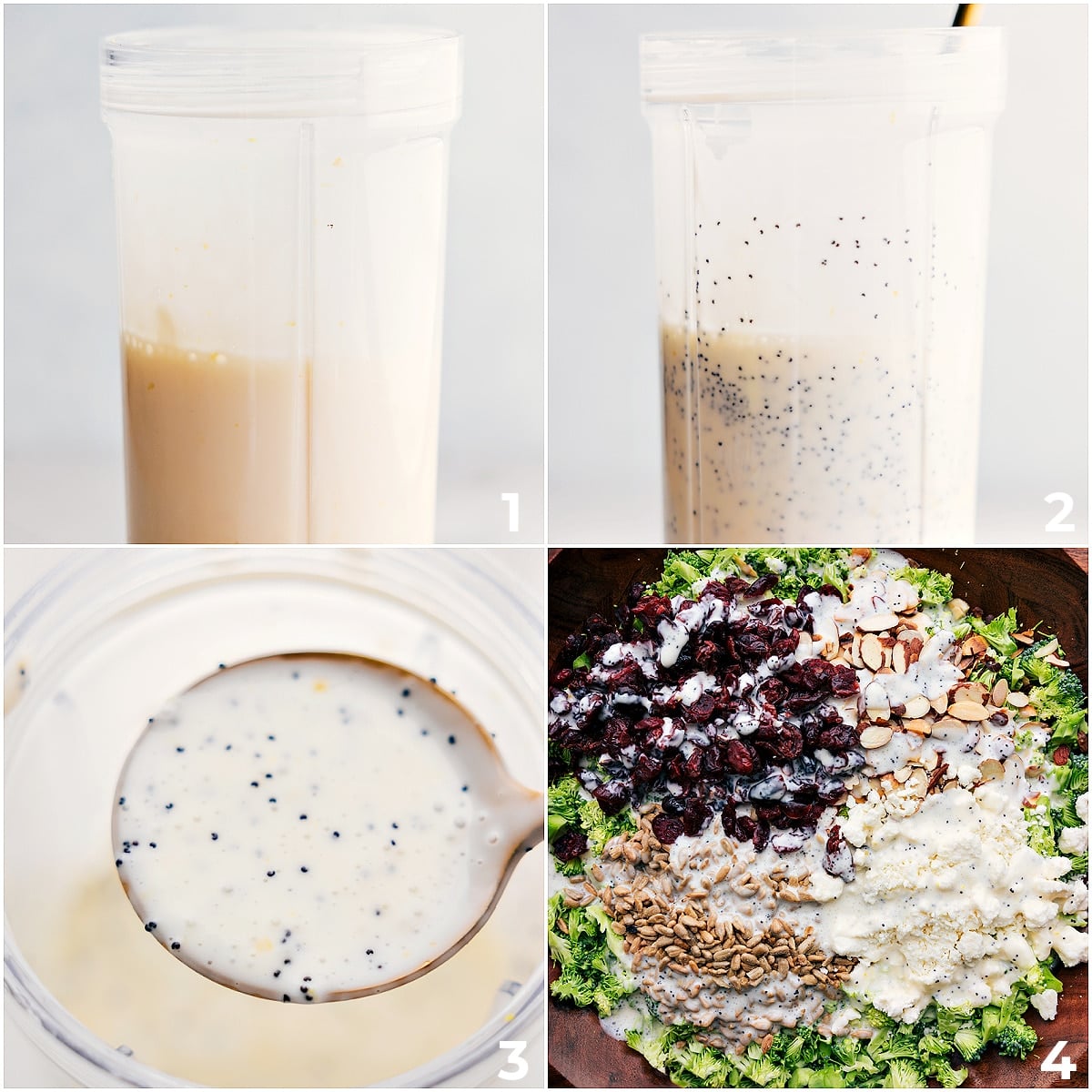 How To Make Lemon Poppy Seed Broccoli Salad Lemon Poppy Seed Broccoli Salad dressing being made and salad assembled.